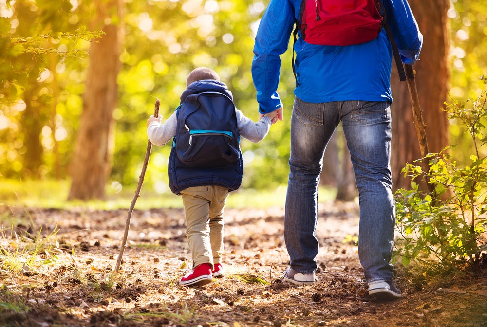 Father and son walking during the hiking activities in autumn forest at sunset